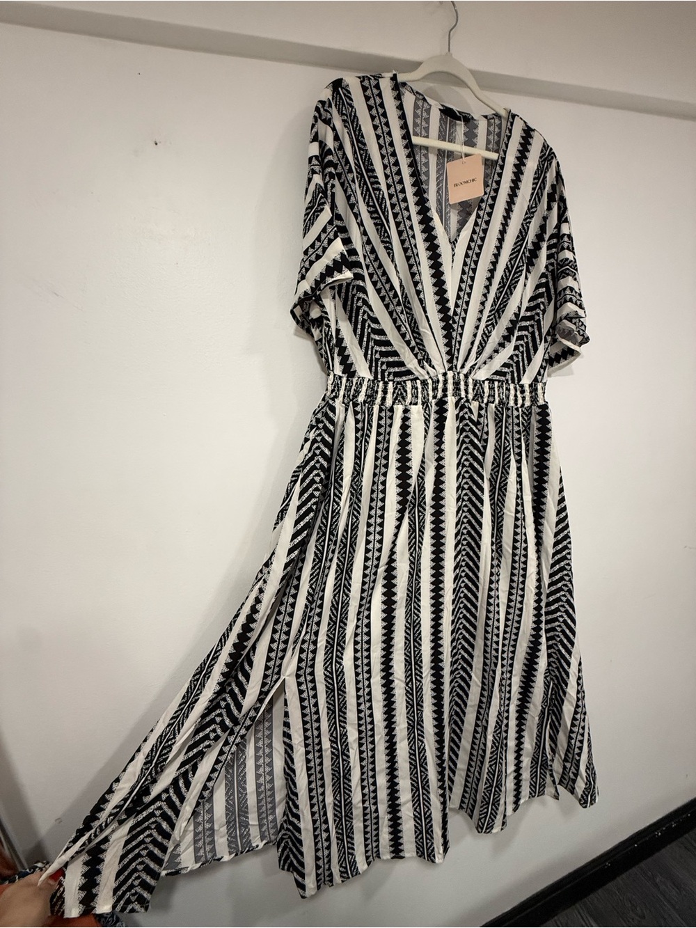 BloomChic Black & White Striped V-Neck Midi Dress